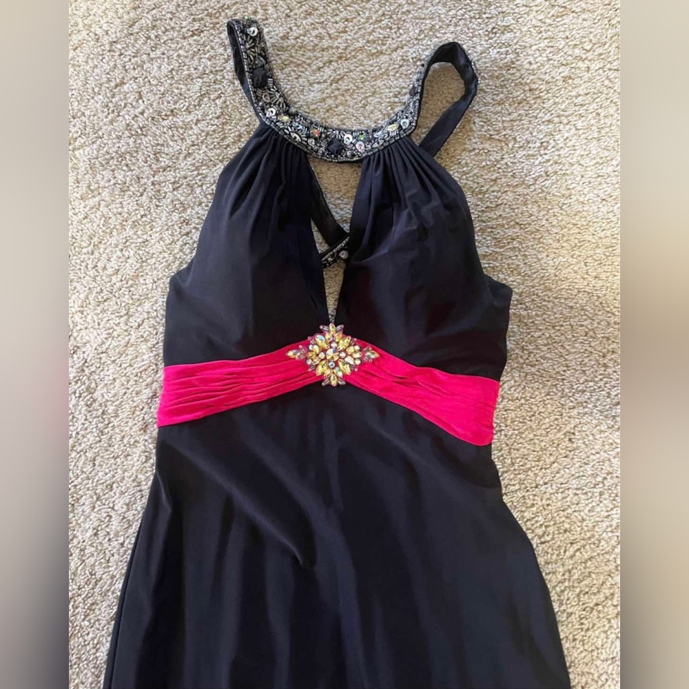 Alyce Designs Black Formal Dress with Pink Waistband and Embellished Neckline - Picture 1 of 4